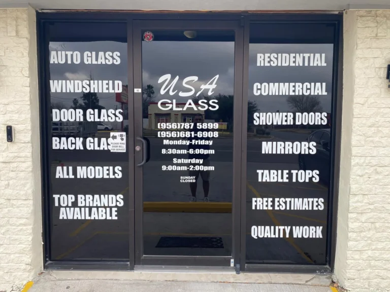 USA GLASS storefront doors at 1903 N Raul Longoria Rd listing auto, residential and commercial glass services